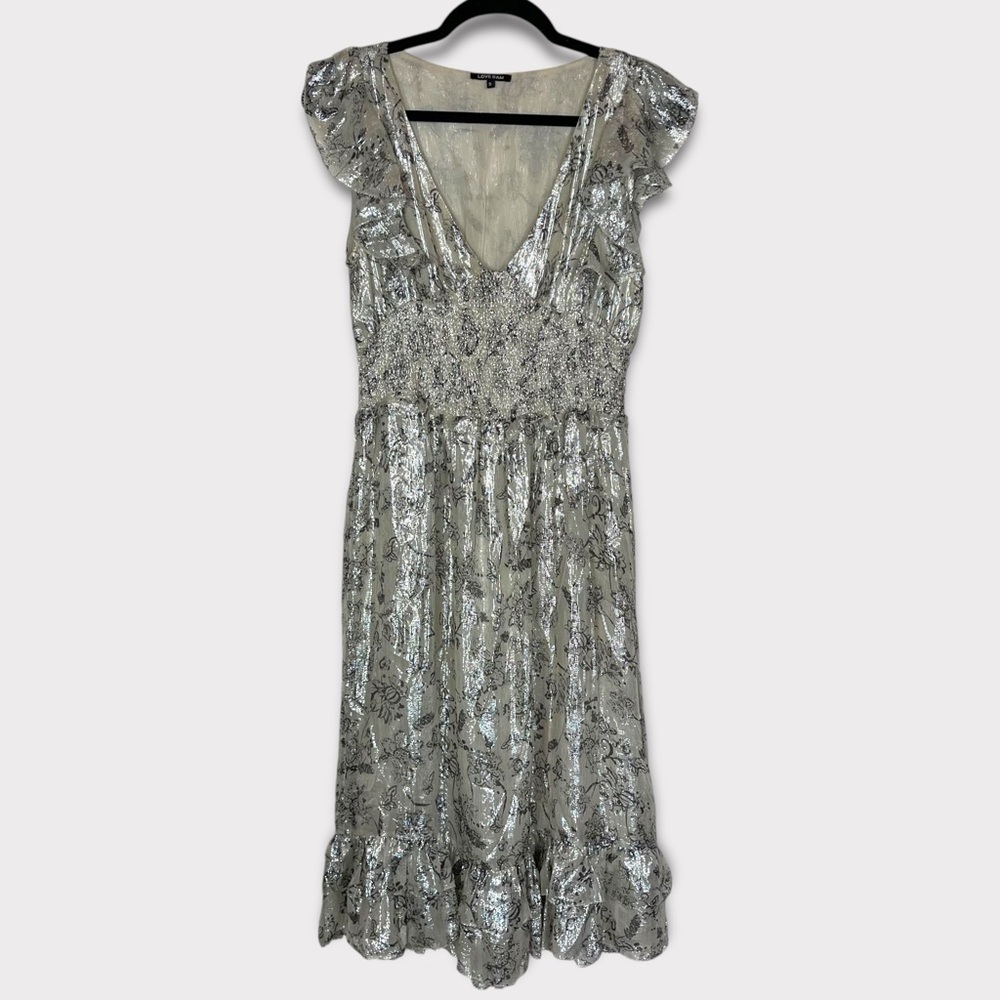 Love Sam Midi Dress Small Floral Metallic Boho V Neck Ruffle Feminine Dainty
